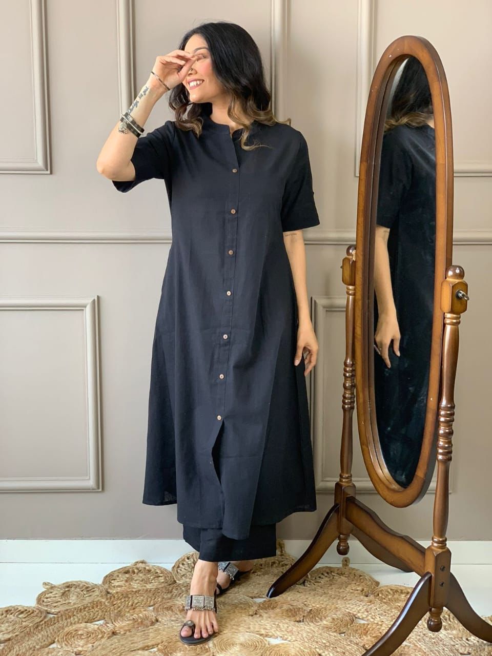 Cotton Slub A-Line Kurti Co-Ord Set with Ankle-Length Plazo