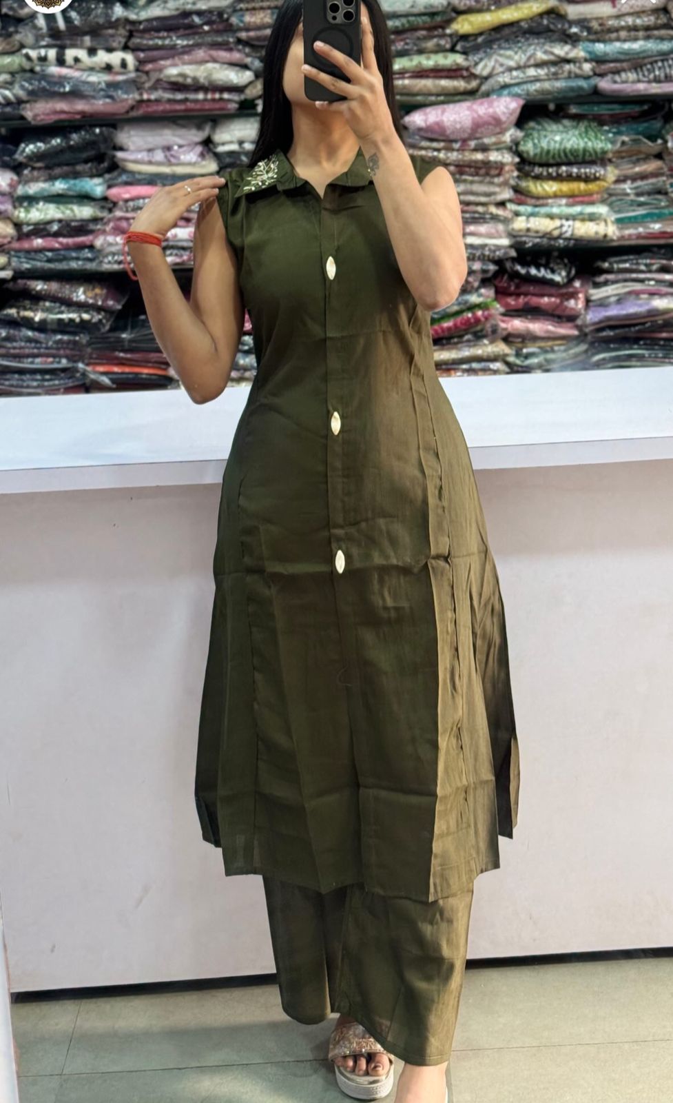 Cotton Slub A-Line Kurti with Embroidered Collar & Palazzo Set