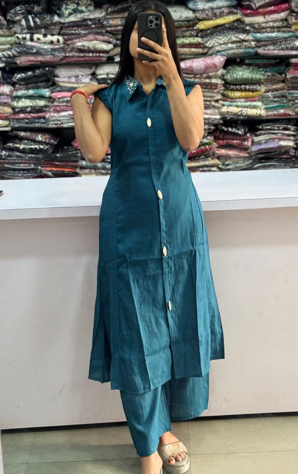 Cotton Slub A-Line Kurti with Embroidered Collar & Palazzo Set