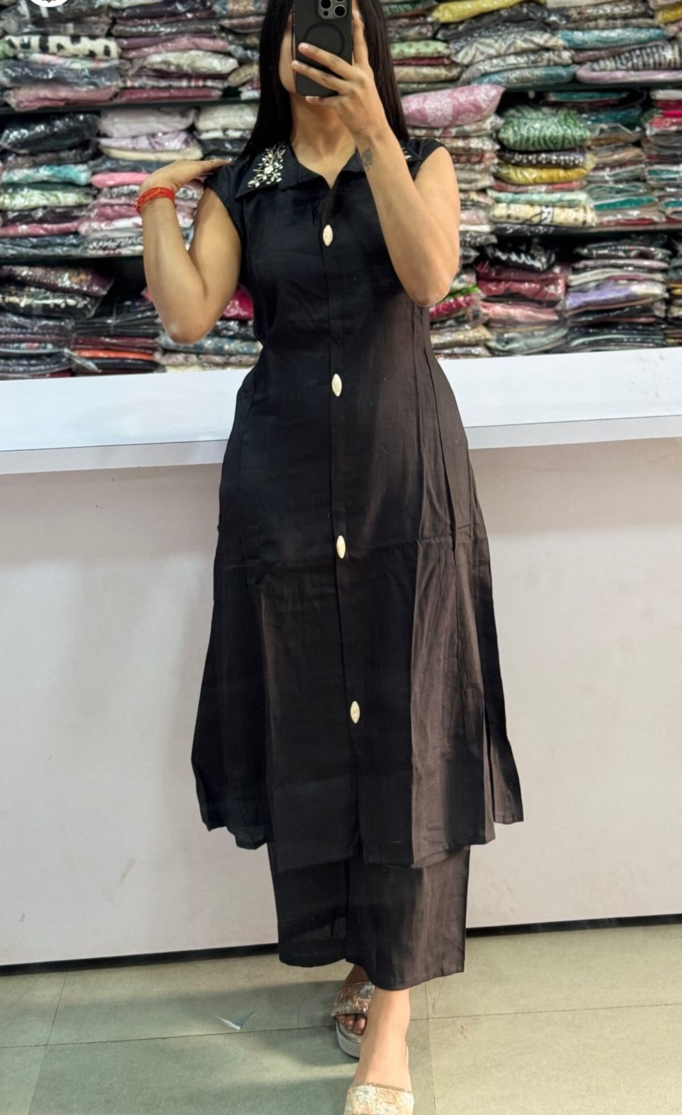 Cotton Slub A-Line Kurti with Embroidered Collar & Palazzo Set