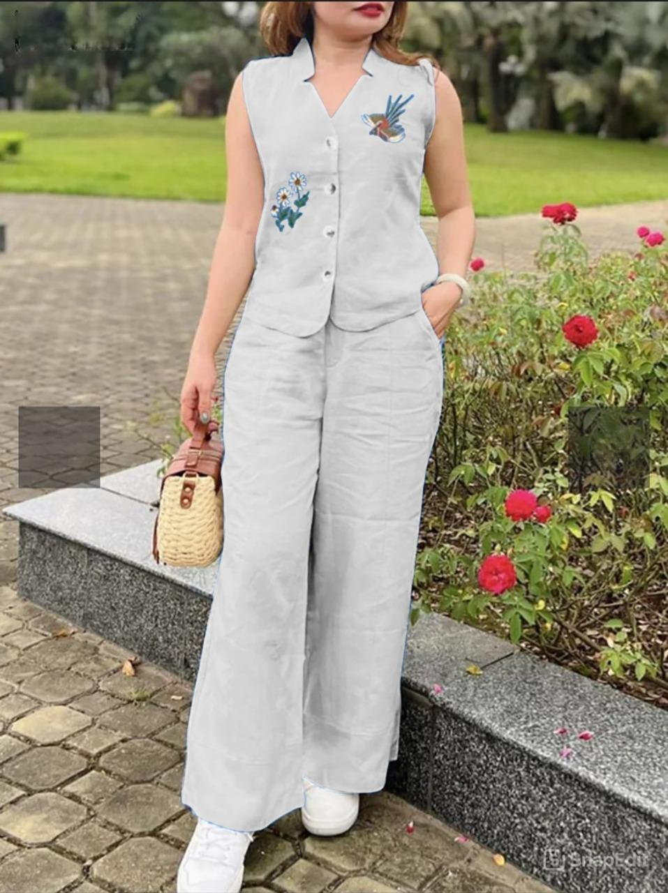 Cotton Slub Aari Work Co-Ord Set – Bird & Floral Embroidery