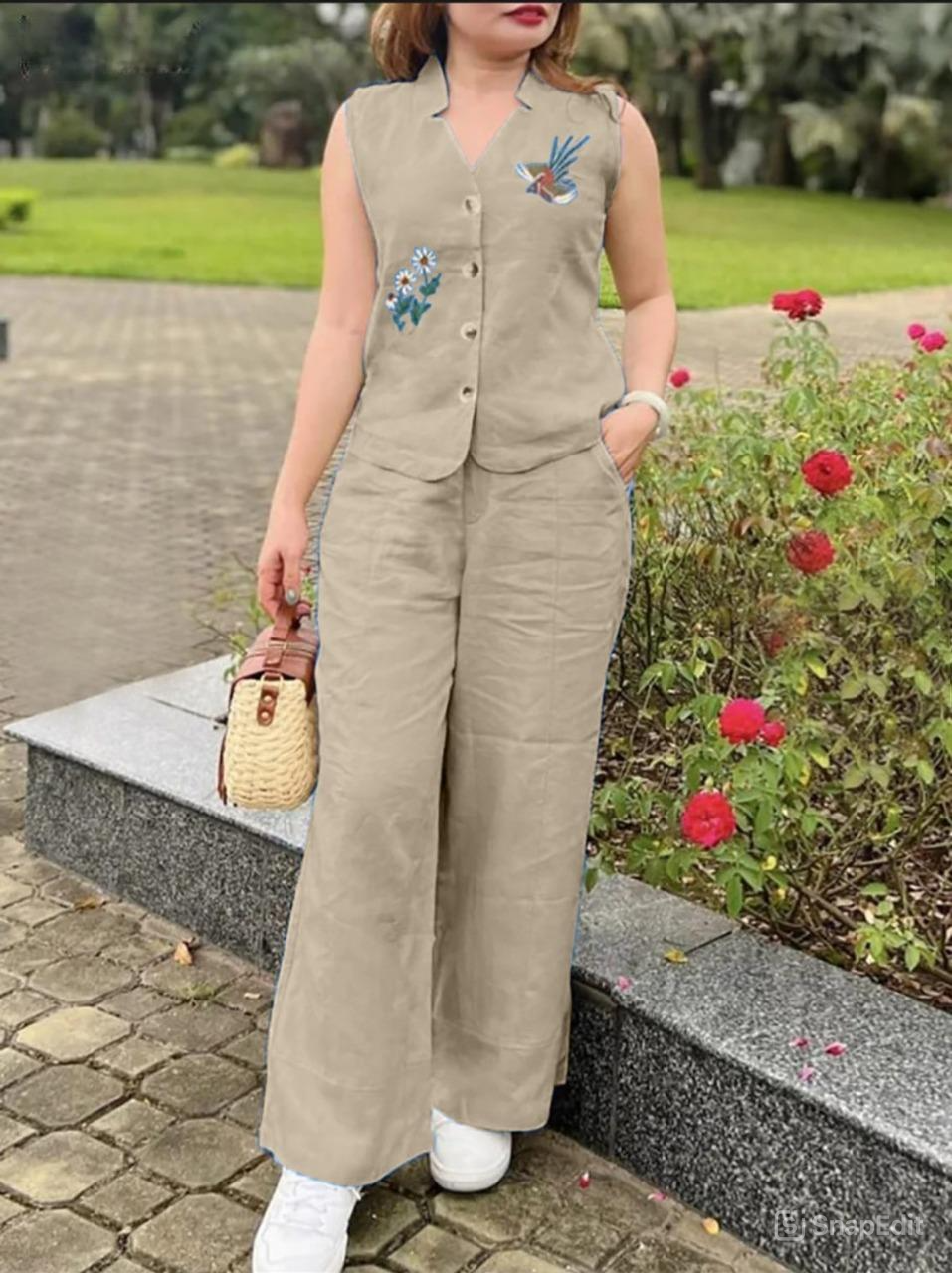 Cotton Slub Aari Work Co-Ord Set – Bird & Floral Embroidery