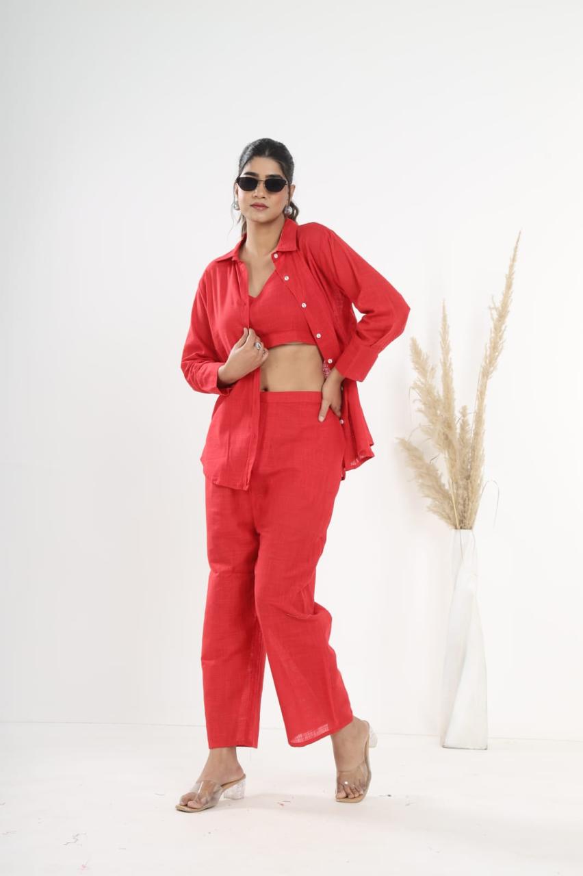Cotton Slub Co-ord Set – Inner Top, Openable Shirt & Pocket Pant | Dai Fabric Work