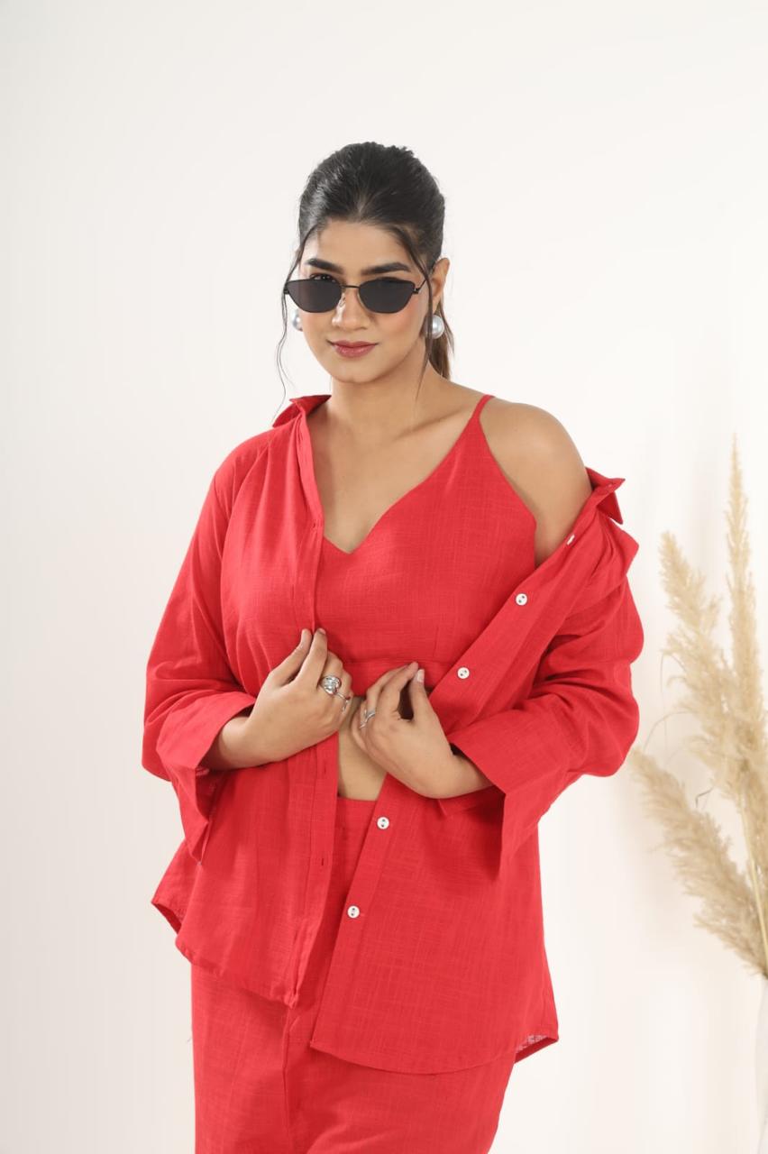 Cotton Slub Co-ord Set – Inner Top, Openable Shirt & Pocket Pant | Dai Fabric Work