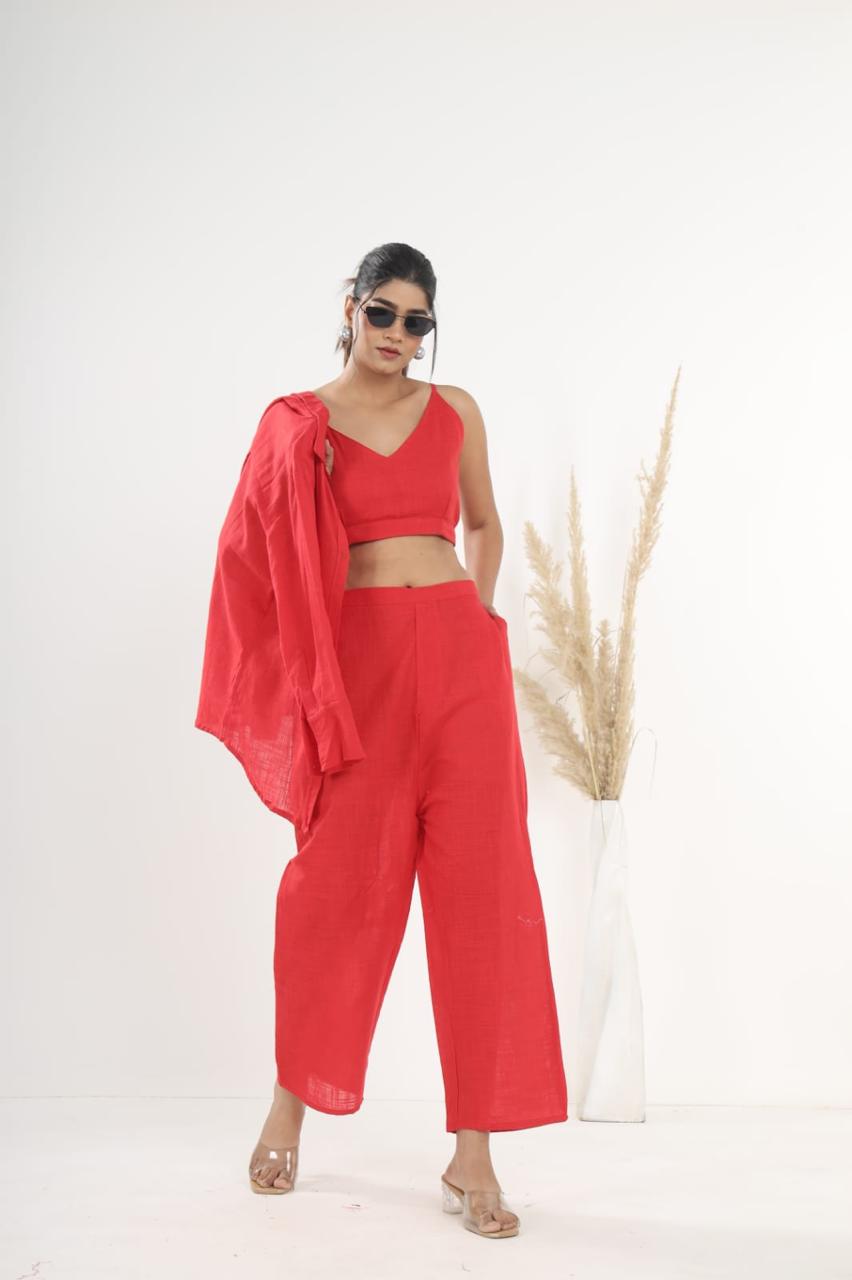 Cotton Slub Co-ord Set – Inner Top, Openable Shirt & Pocket Pant | Dai Fabric Work