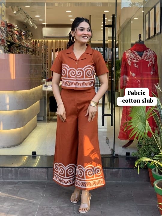 Cotton Slub Embroidered Co-ord Set for Women | Top & Palazzo with Side Pocket