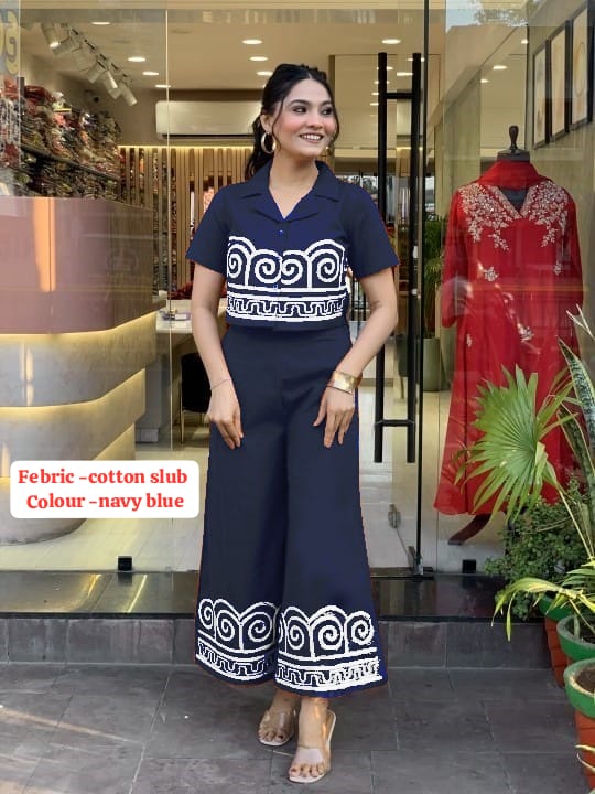 Cotton Slub Embroidered Co-ord Set for Women | Top & Palazzo with Side Pocket