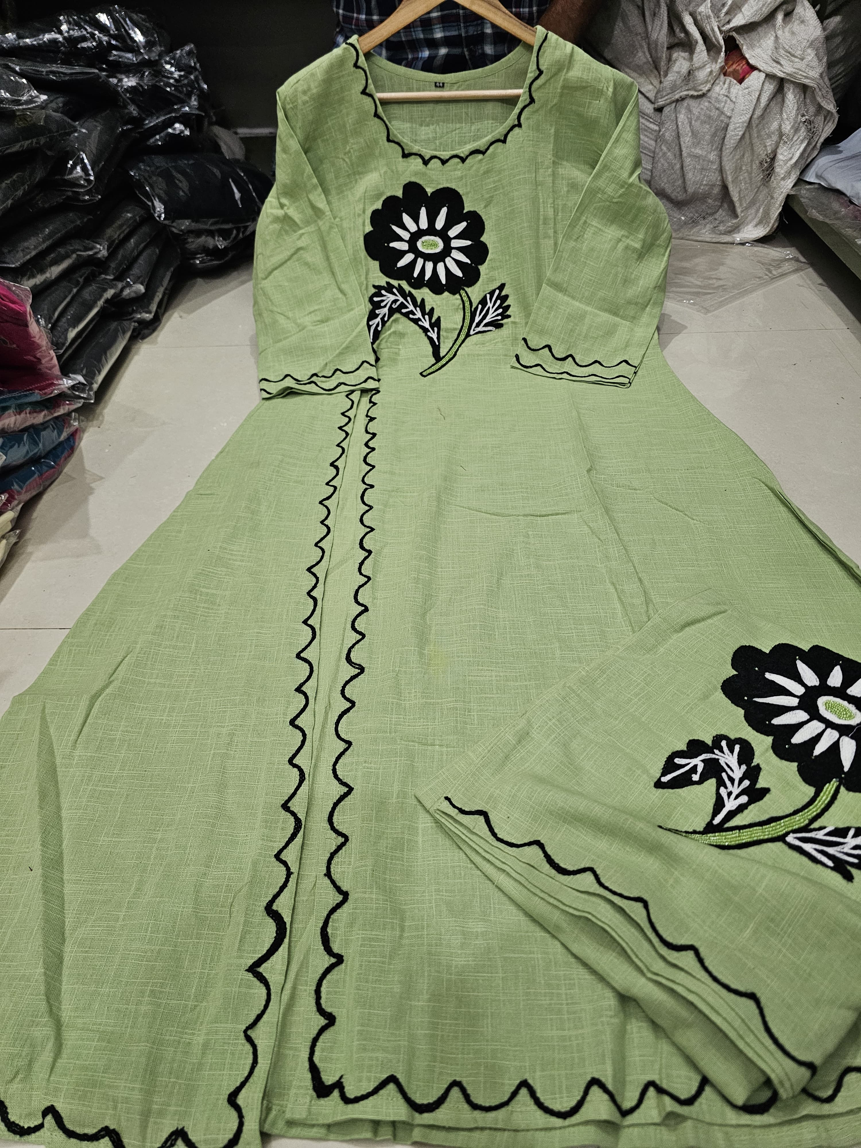 Cotton Slub Embroidered Kurti Pant Cord Set with Adda Beads Work