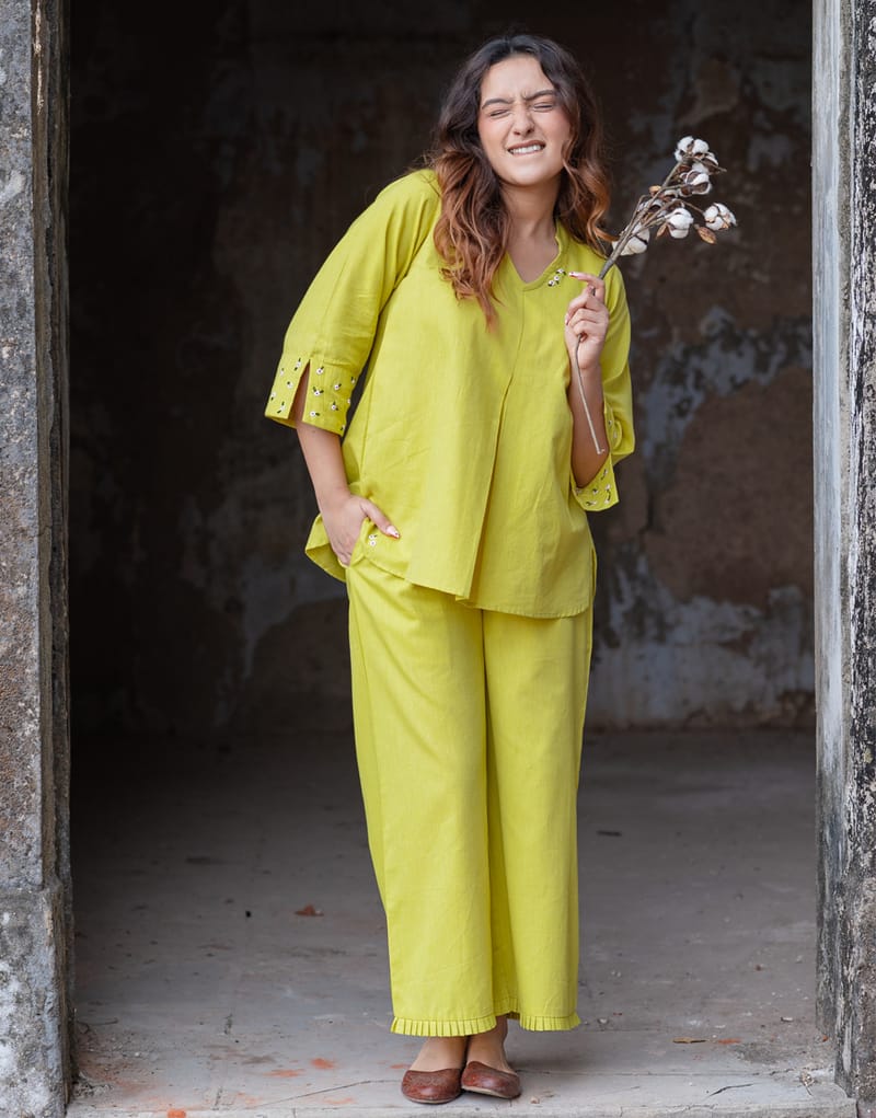 Cotton Slub Embroidered Kurti Pant Cord Set