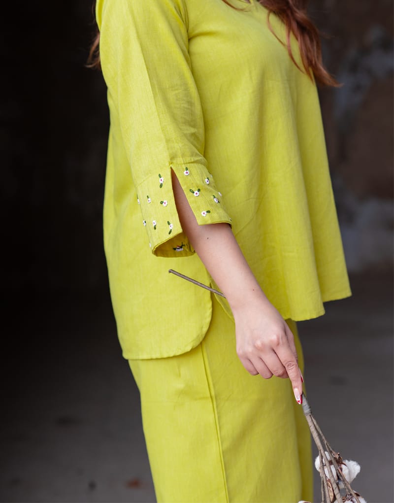 Cotton Slub Embroidered Kurti Pant Cord Set