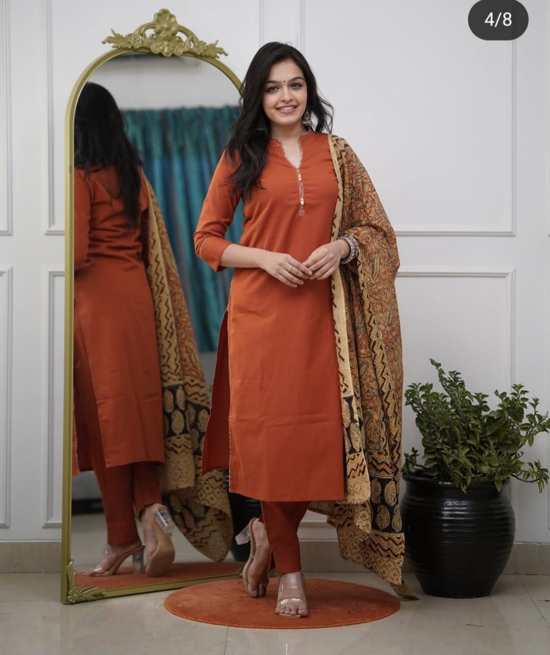 Cotton Slub Kurti Pant Dupatta Set with Katha Thread Work & Chanderi Digital Print Dupatta