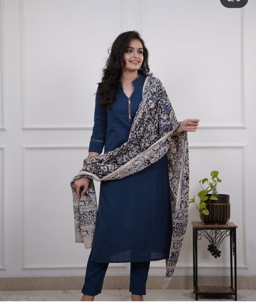 Cotton Slub Kurti Pant Dupatta Set with Katha Thread Work & Chanderi Digital Print Dupatta