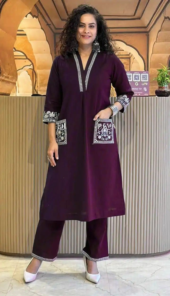 Cotton Slub Kurti Pant Set with Embroidered Pockets