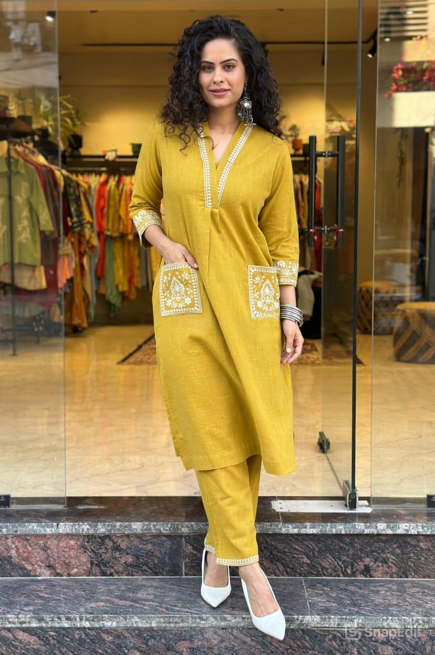 Cotton Slub Kurti Pant Set with Embroidered Pockets