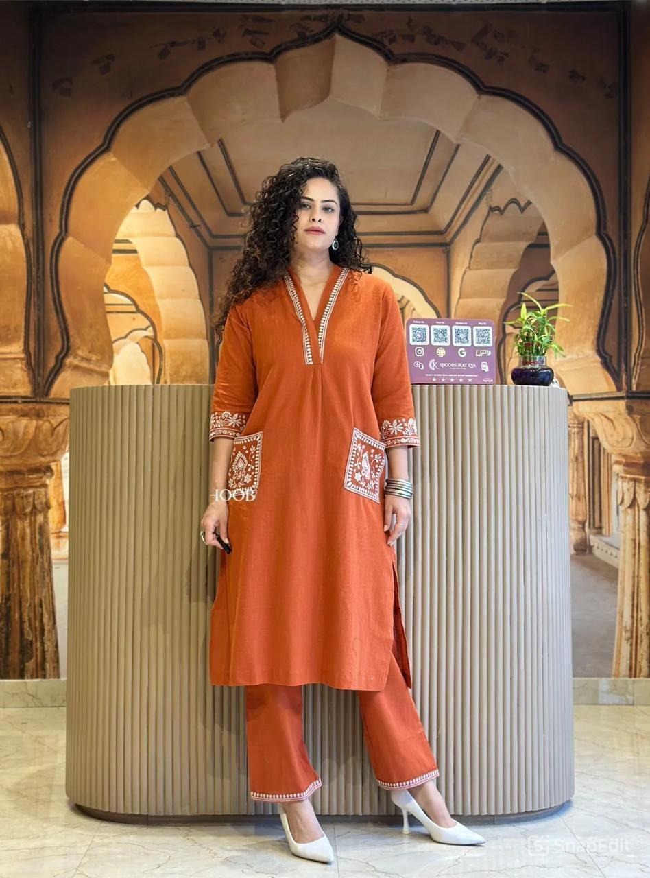 Cotton Slub Kurti Pant Set with Embroidered Pockets