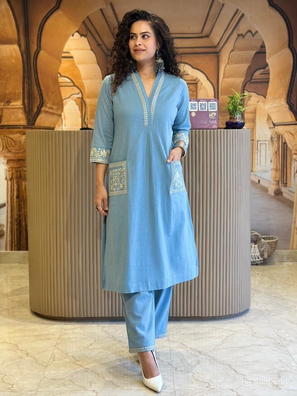 Cotton Slub Kurti Pant Set with Embroidered Pockets