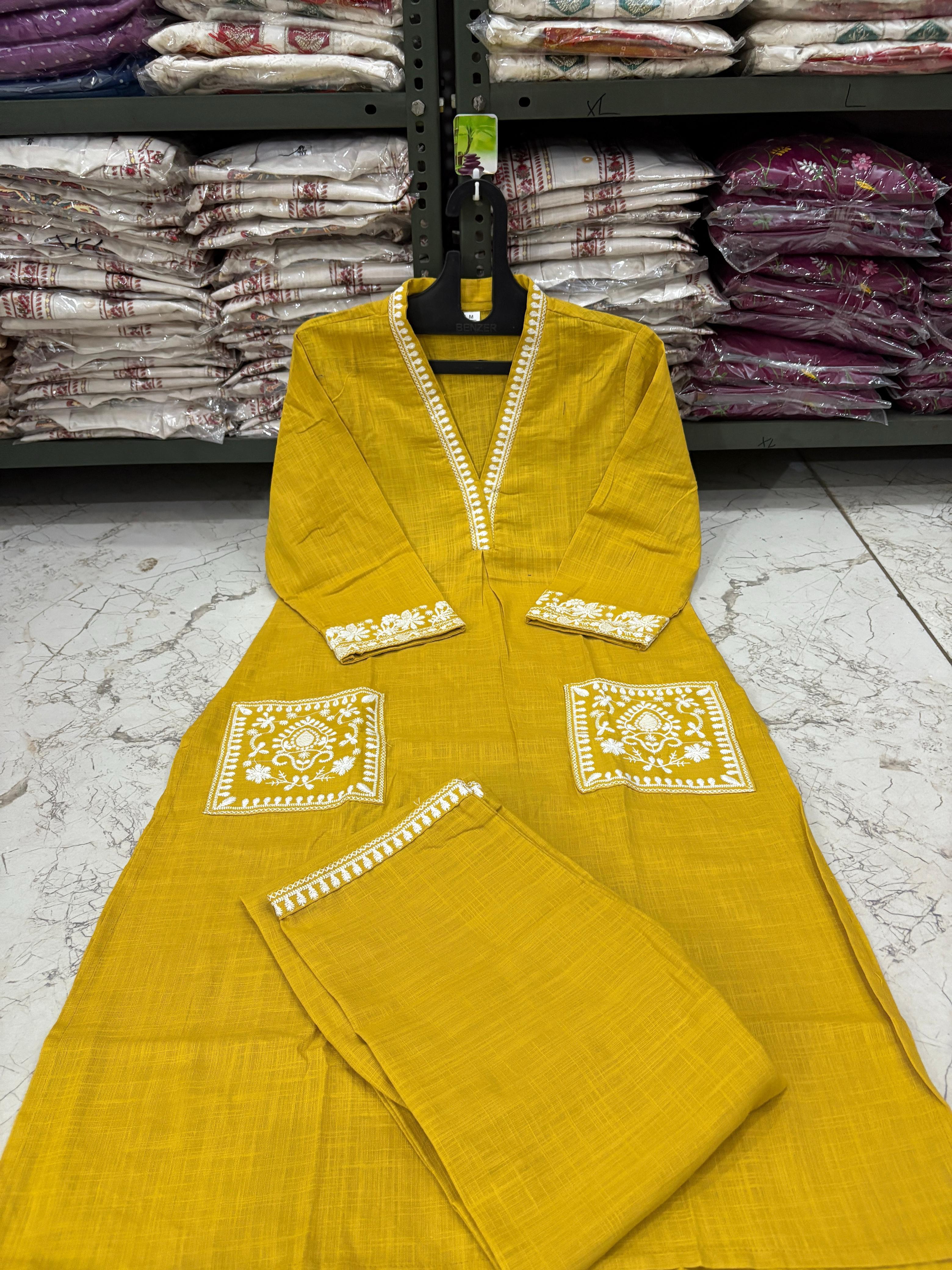 Cotton Slub Kurti Pant Set with Embroidered Pockets