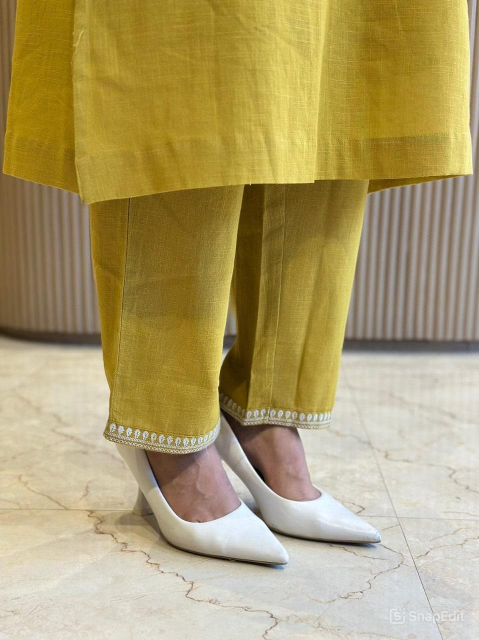 Cotton Slub Kurti Pant Set with Embroidered Pockets