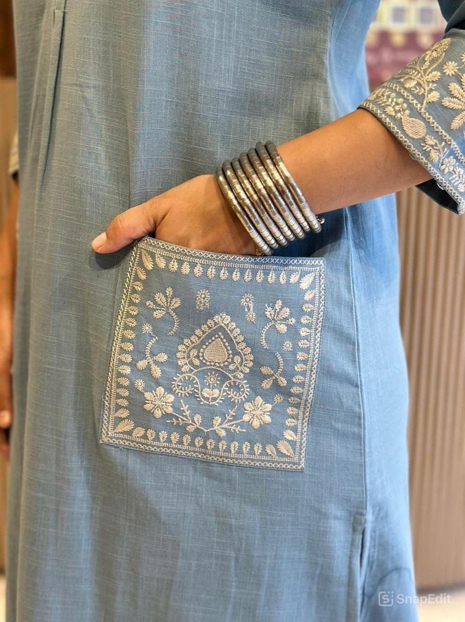 Cotton Slub Kurti Pant Set with Embroidered Pockets