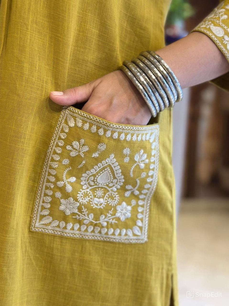 Cotton Slub Kurti Pant Set with Embroidered Pockets