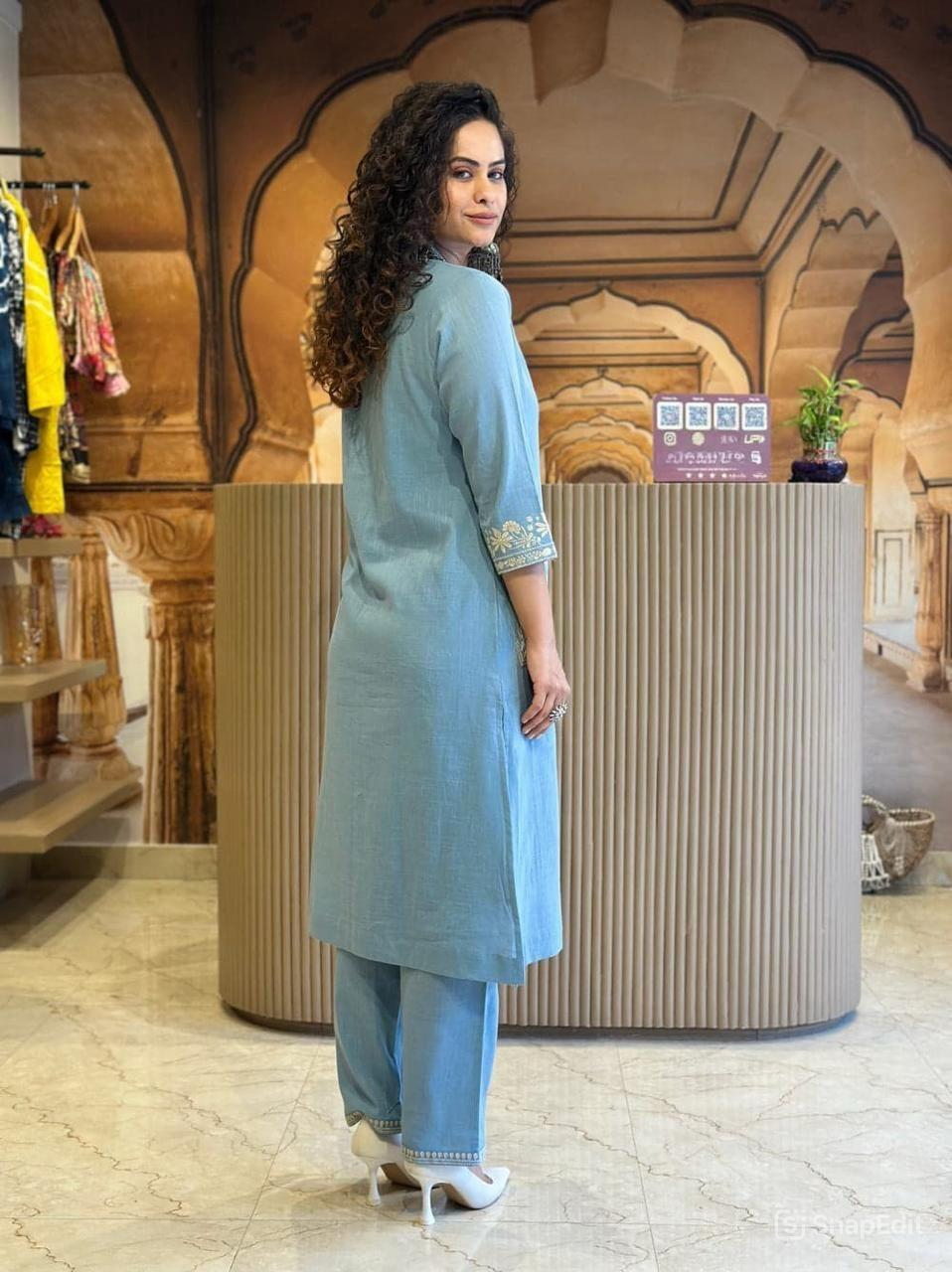 Cotton Slub Kurti Pant Set with Embroidered Pockets