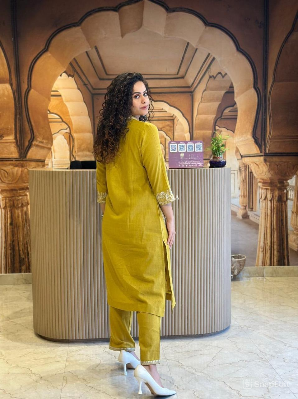 Cotton Slub Kurti Pant Set with Embroidered Pockets