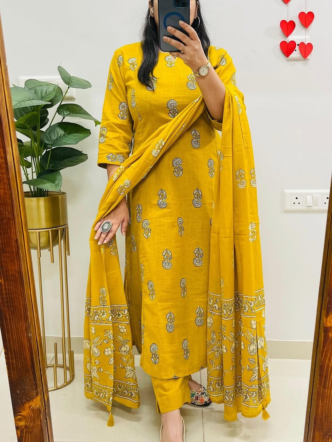 Cotton Slub Printed Kurti Pant Set with Mulmul Printed Dupatta