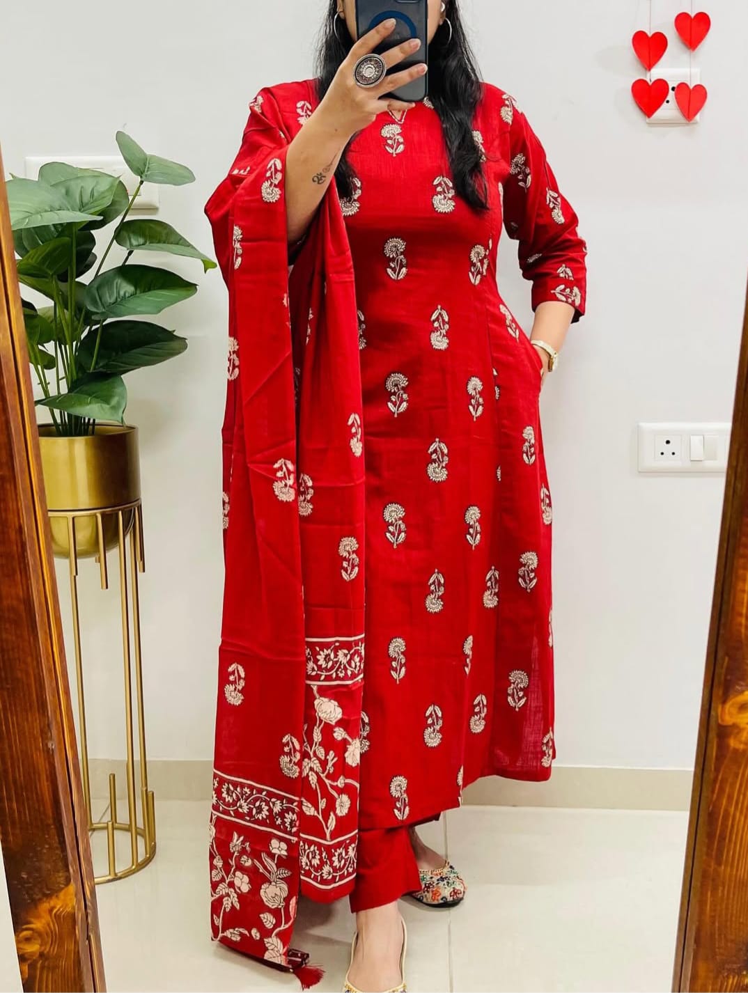 Cotton Slub Printed Kurti Pant Set with Mulmul Printed Dupatta
