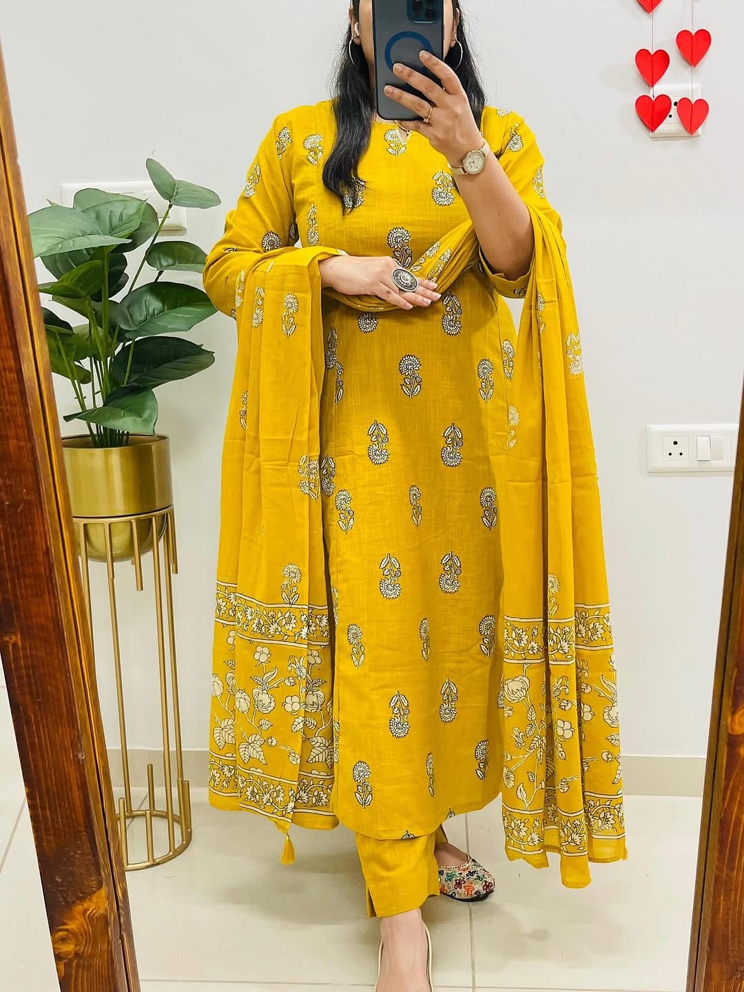 Cotton Slub Printed Kurti Pant Set with Mulmul Printed Dupatta
