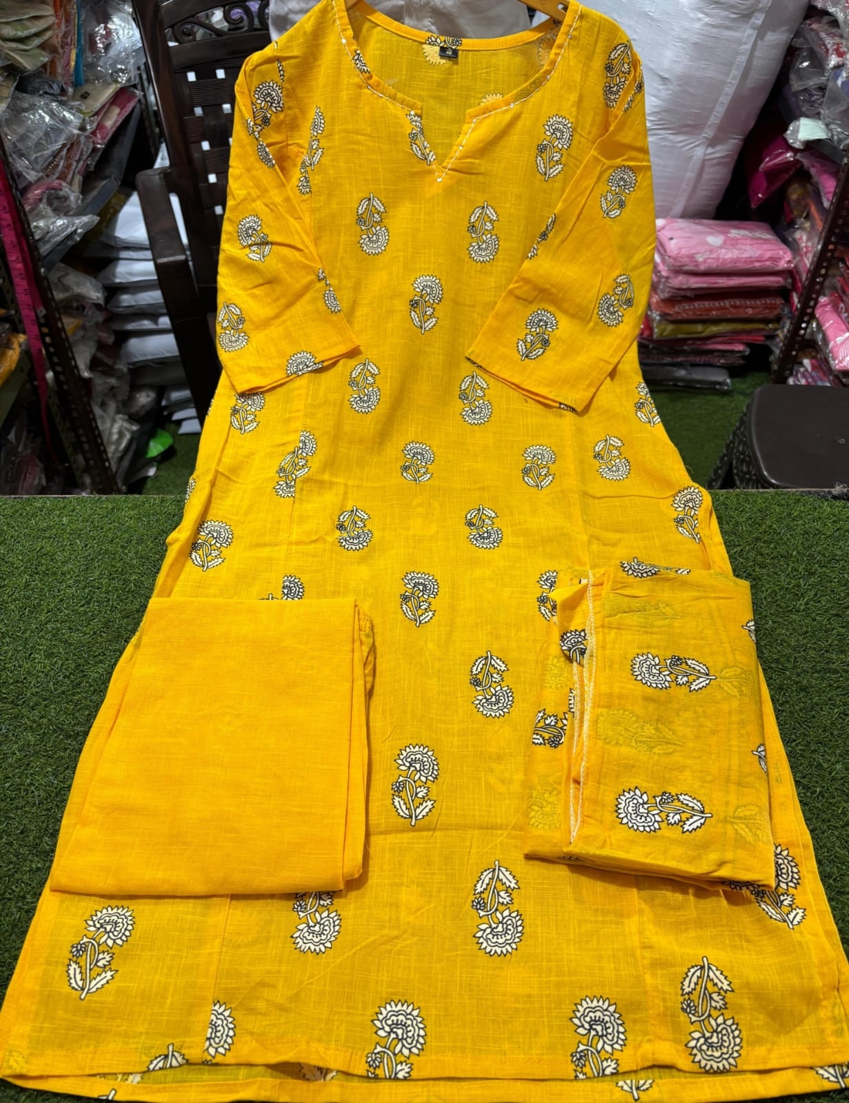 Cotton Slub Printed Kurti Pant Set with Mulmul Printed Dupatta