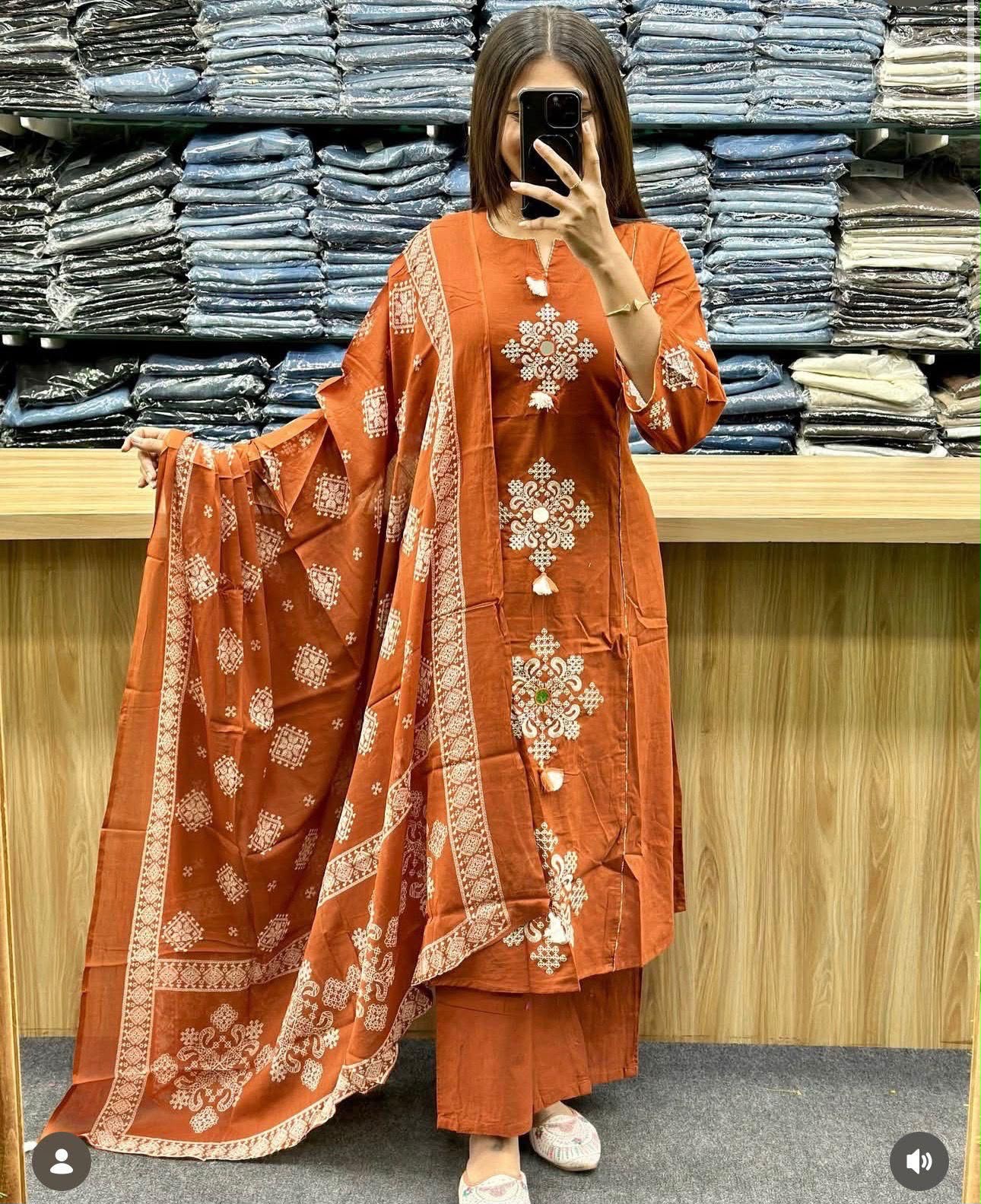 Cotton Straight Kurti Pant Set with Embroidered Neckline & Printed Malmal Dupatta
