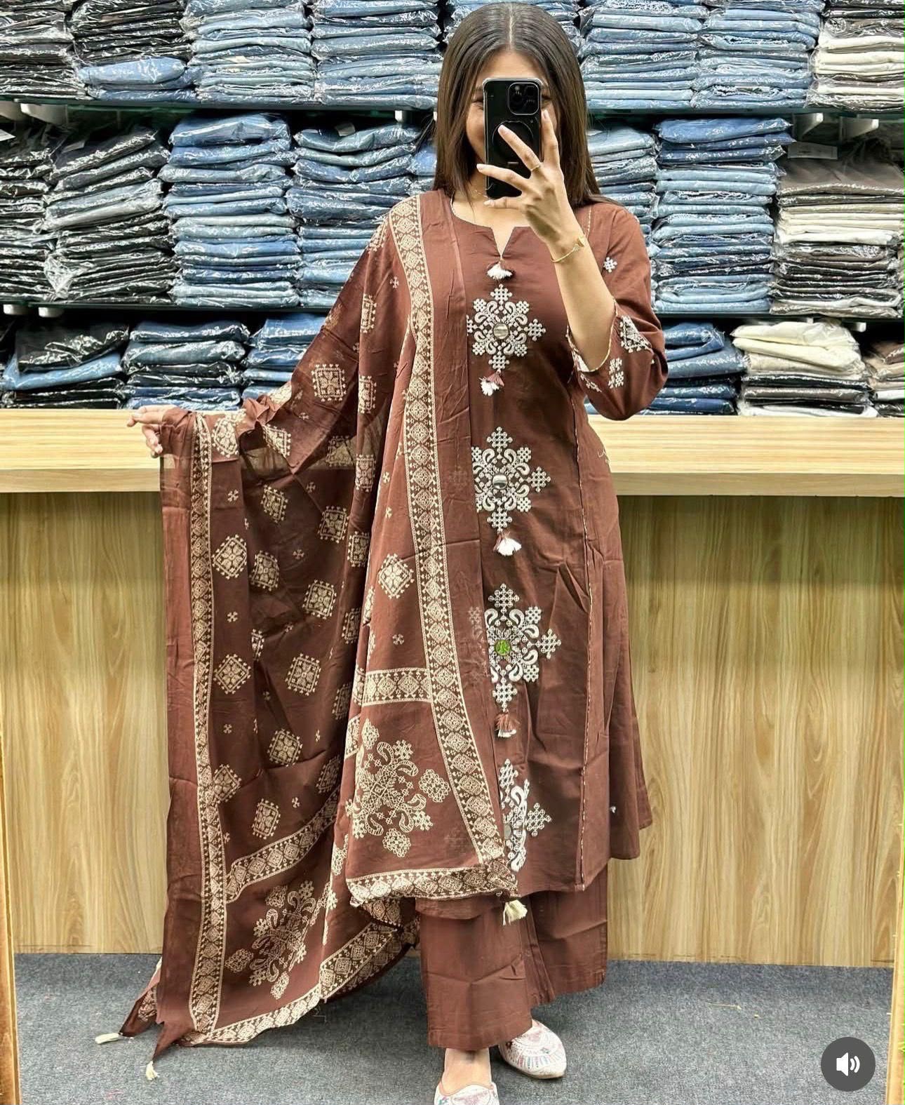 Cotton Straight Kurti Pant Set with Embroidered Neckline & Printed Malmal Dupatta