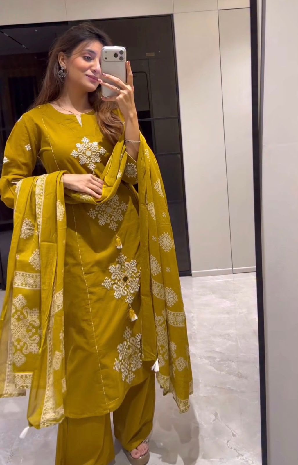 Cotton Straight Kurti Pant Set with Embroidered Neckline & Printed Malmal Dupatta