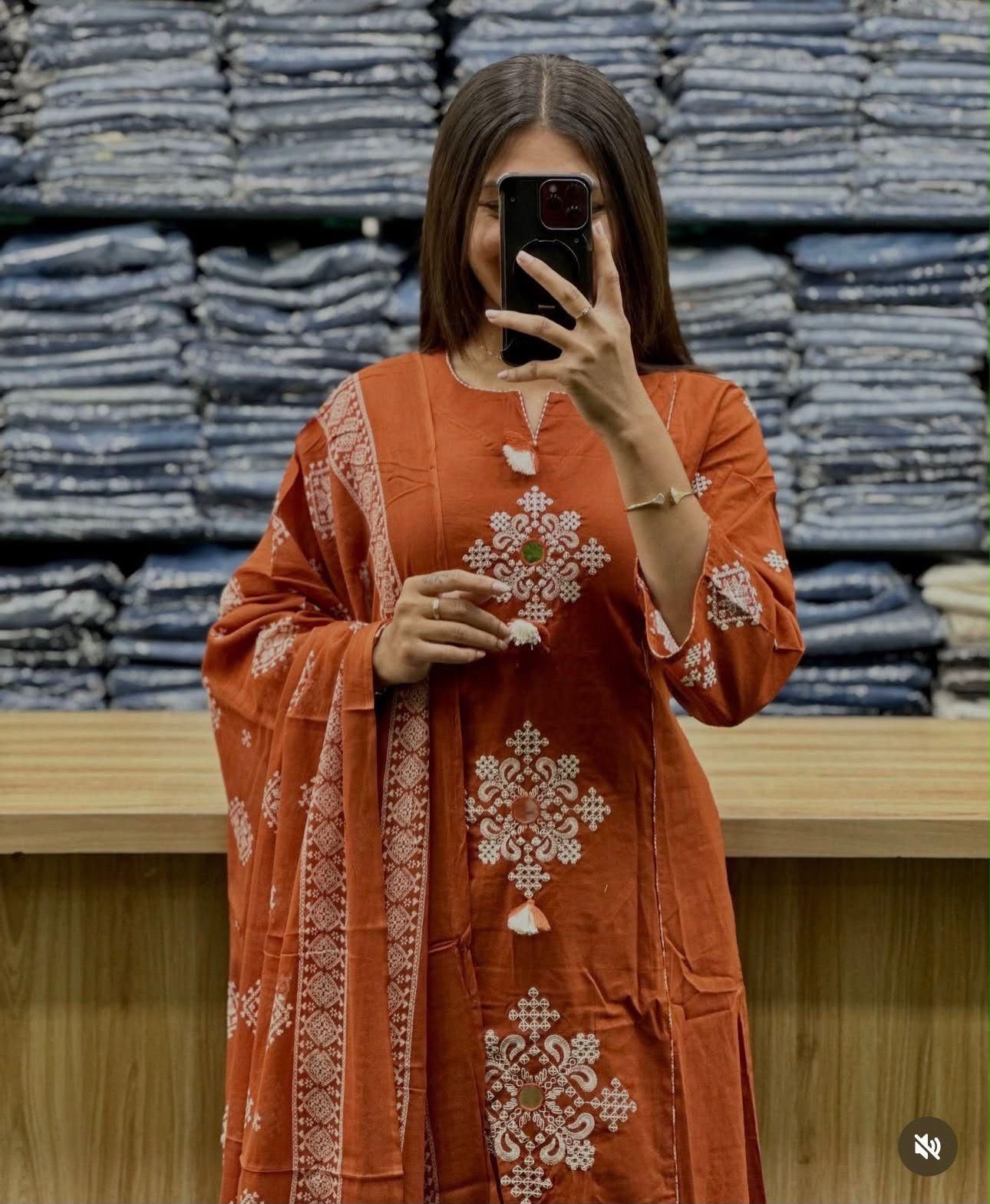 Cotton Straight Kurti Pant Set with Embroidered Neckline & Printed Malmal Dupatta