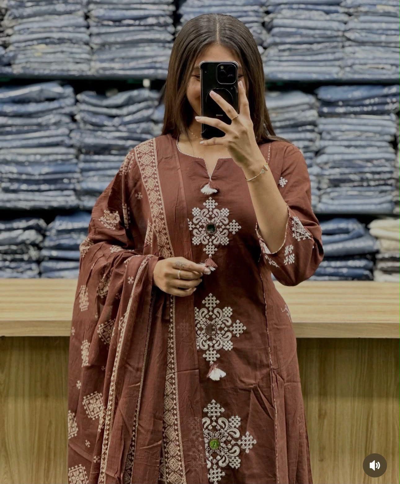 Cotton Straight Kurti Pant Set with Embroidered Neckline & Printed Malmal Dupatta
