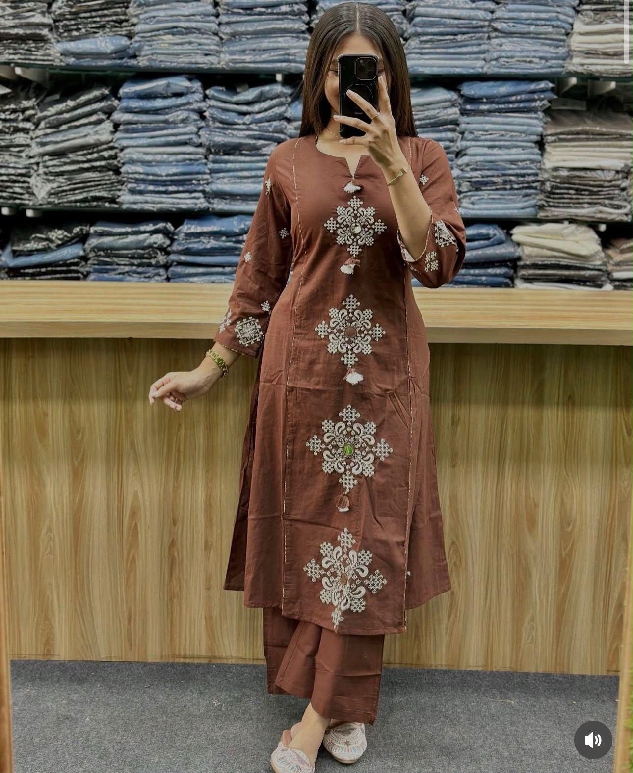 Cotton Straight Kurti Pant Set with Embroidered Neckline & Printed Malmal Dupatta