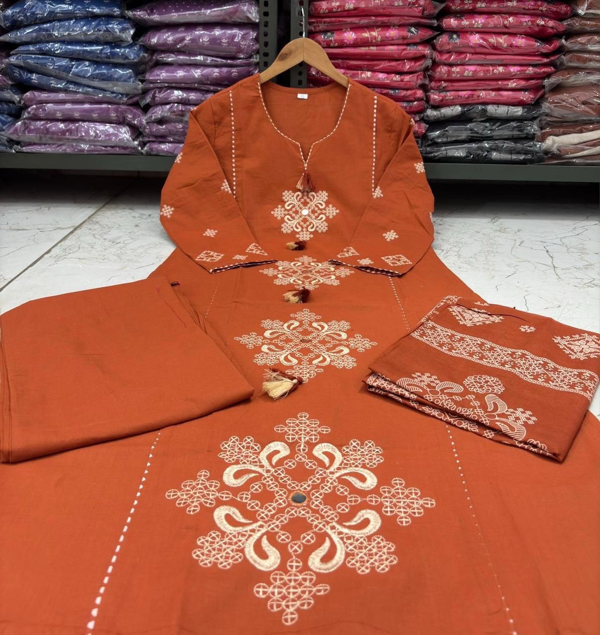 Cotton Straight Kurti Pant Set with Embroidered Neckline & Printed Malmal Dupatta