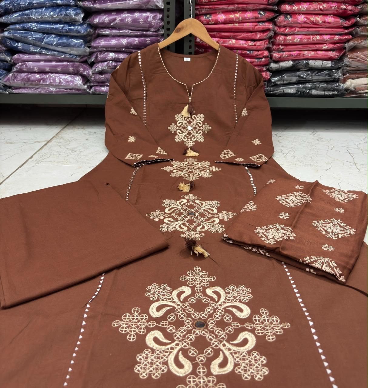 Cotton Straight Kurti Pant Set with Embroidered Neckline & Printed Malmal Dupatta