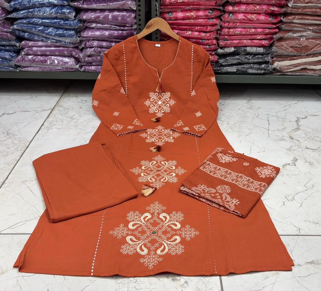 Cotton Straight Kurti Pant Set with Embroidered Neckline & Printed Malmal Dupatta