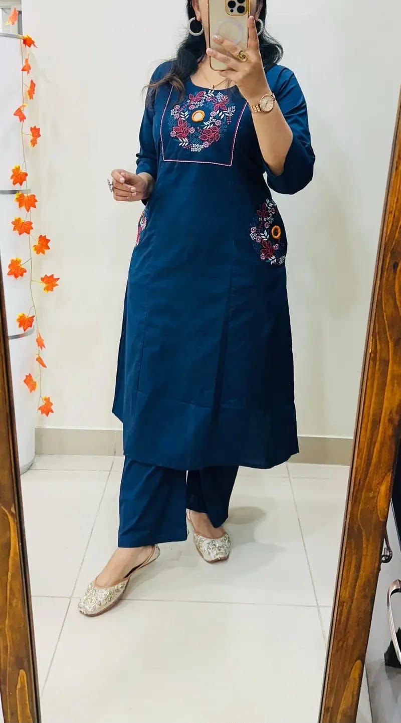Cotton Straight Kurti Pant Set with Embroidery & Two Side Pockets