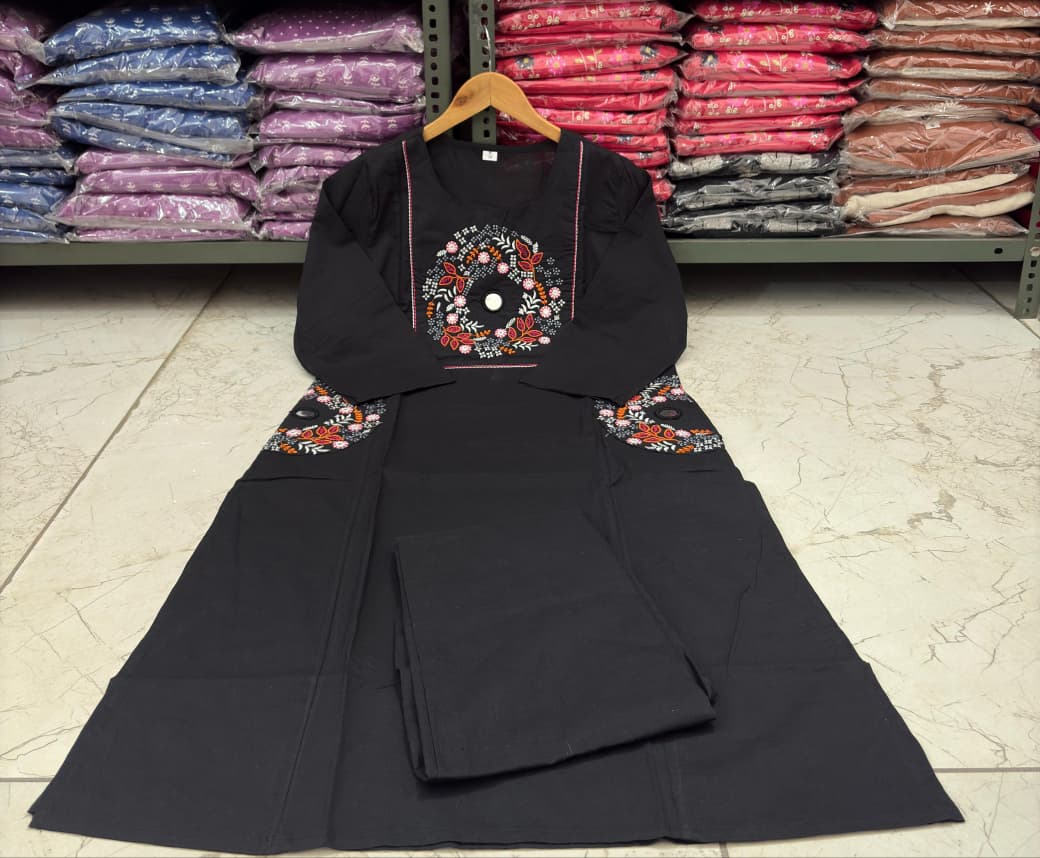 Cotton Straight Kurti Pant Set with Embroidery & Two Side Pockets