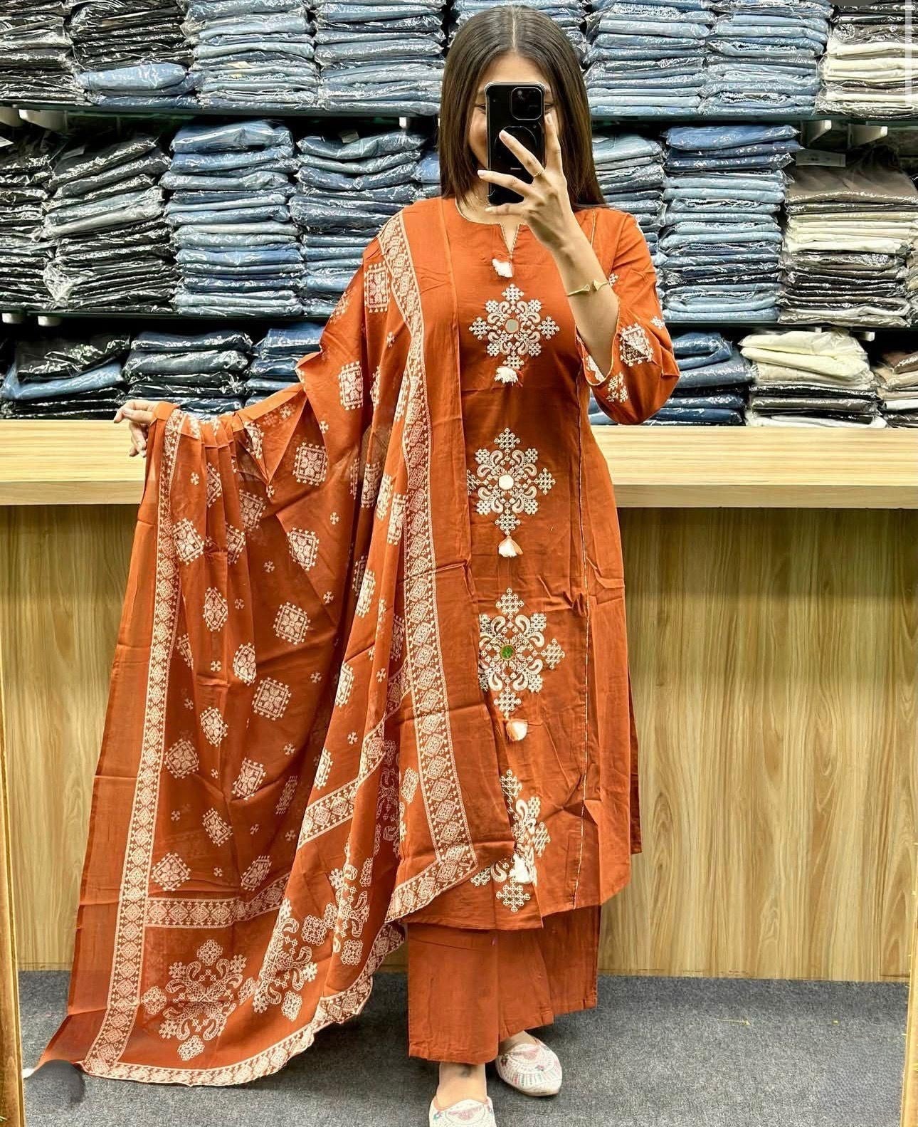 Cotton Straight Kurti Set with Embroidery & Printed Dupatta