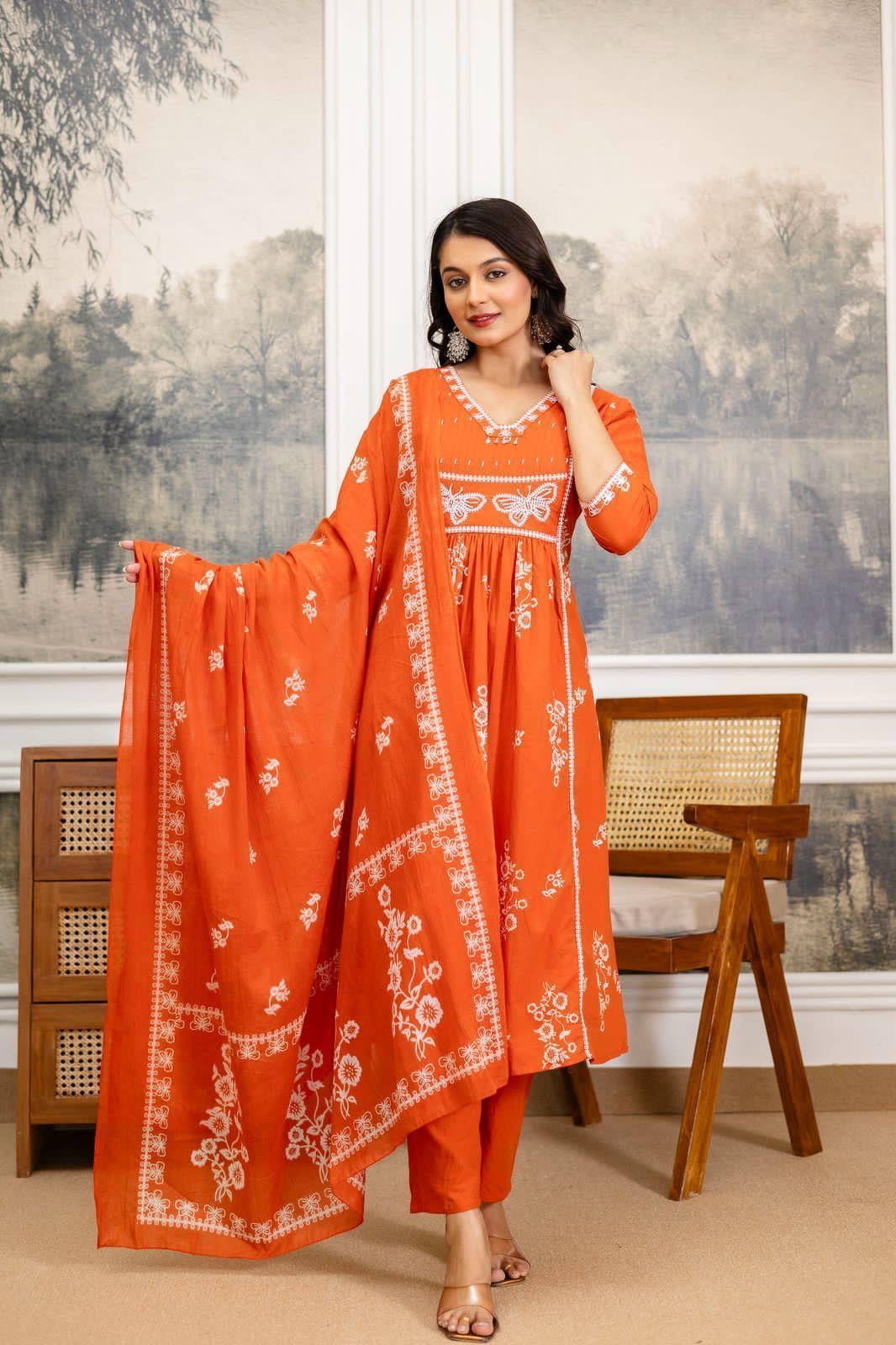Cotton Suit Set with Discharge Print, Embroidery & Moti Work