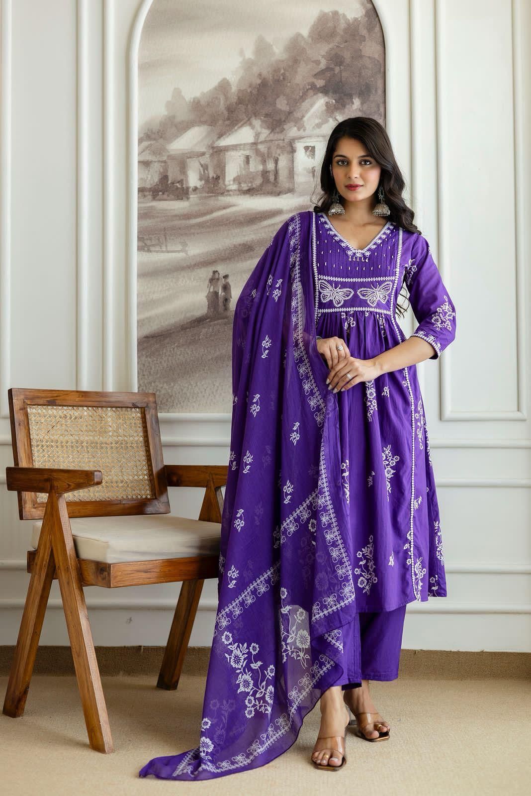 Cotton Suit Set with Discharge Print, Embroidery & Moti Work