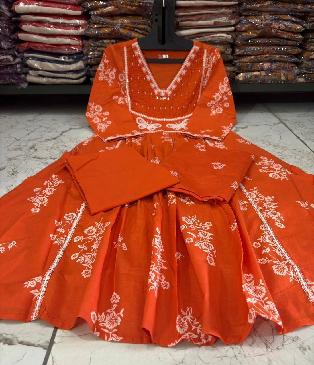 Cotton Suit Set with Discharge Print, Embroidery & Moti Work