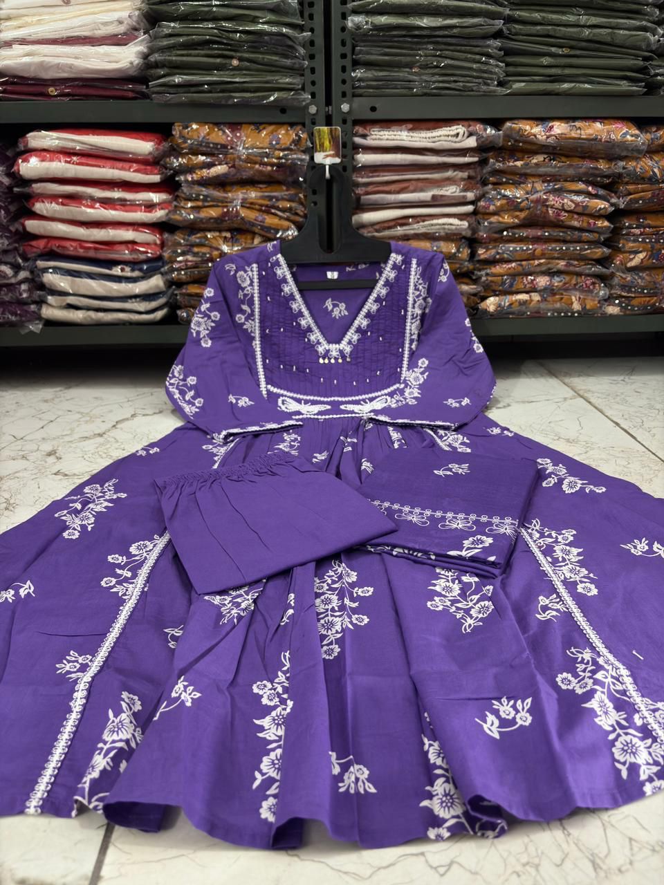 Cotton Suit Set with Discharge Print, Embroidery & Moti Work