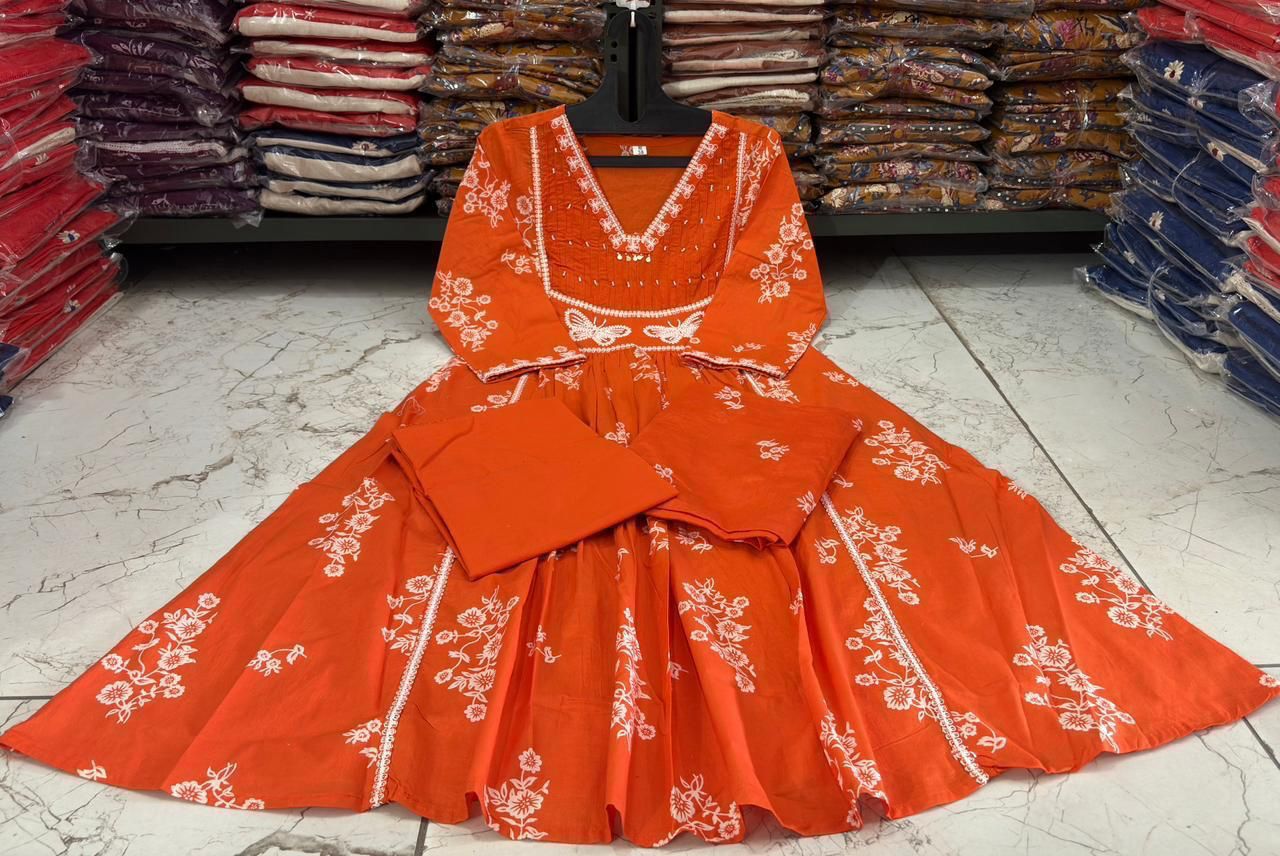 Cotton Suit Set with Discharge Print, Embroidery & Moti Work