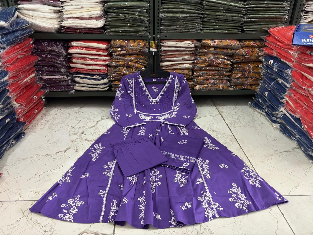 Cotton Suit Set with Discharge Print, Embroidery & Moti Work