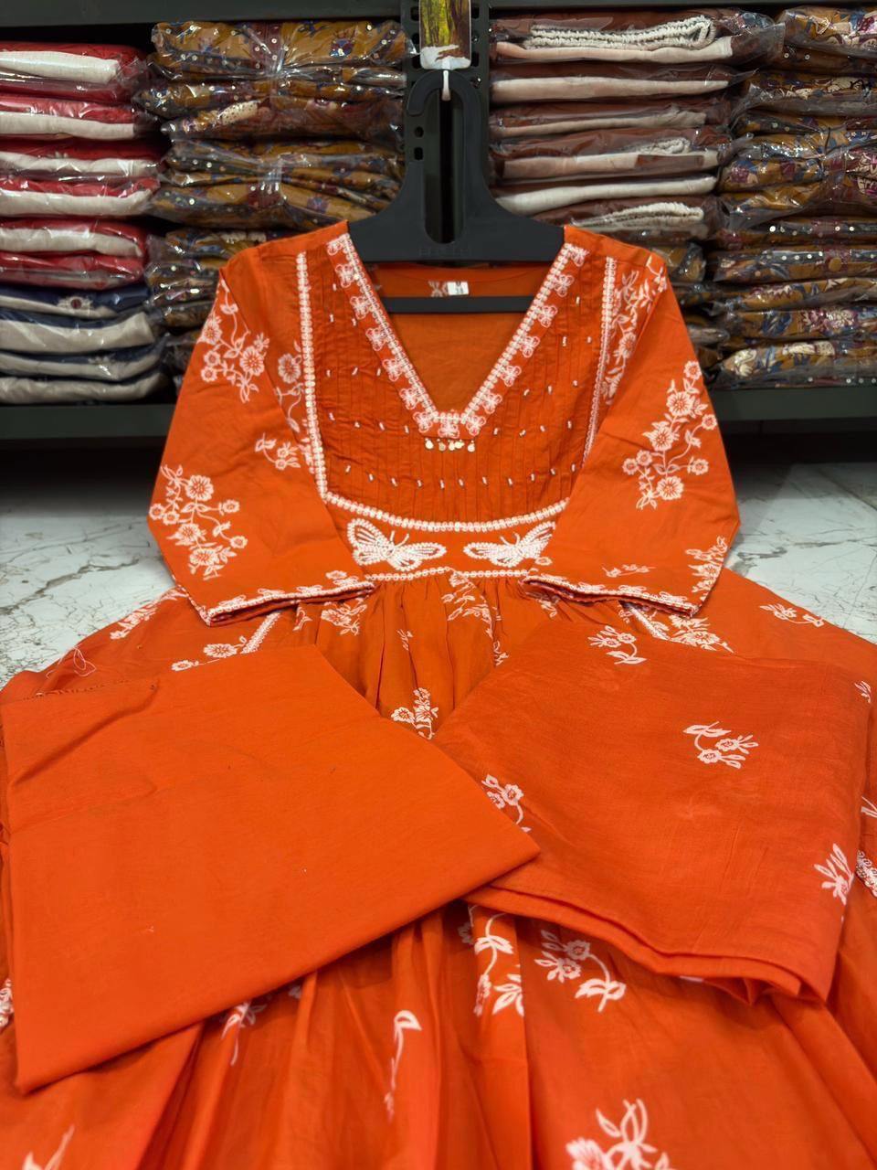 Cotton Suit Set with Discharge Print, Embroidery & Moti Work
