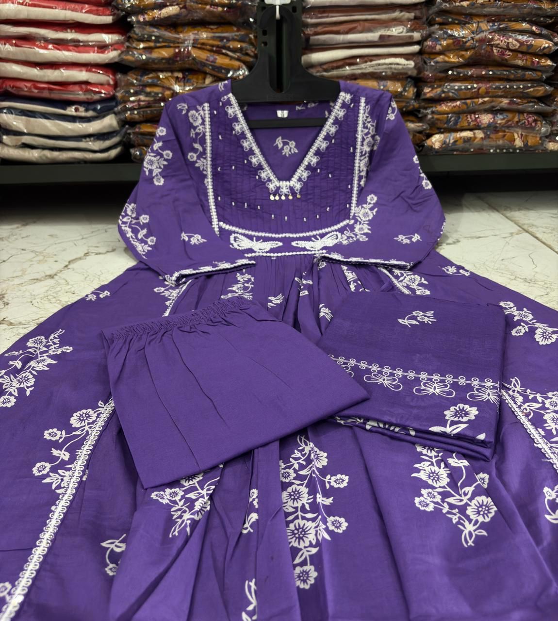 Cotton Suit Set with Discharge Print, Embroidery & Moti Work
